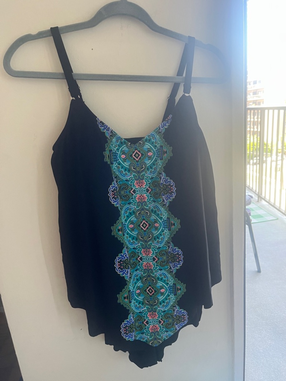 Aqua Green Black  Teal & Blue Embroidered Panel, Swimsuit
